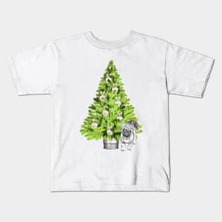 Pug dog Christmas scene with Christmas tree and Santa hat Kids T-Shirt